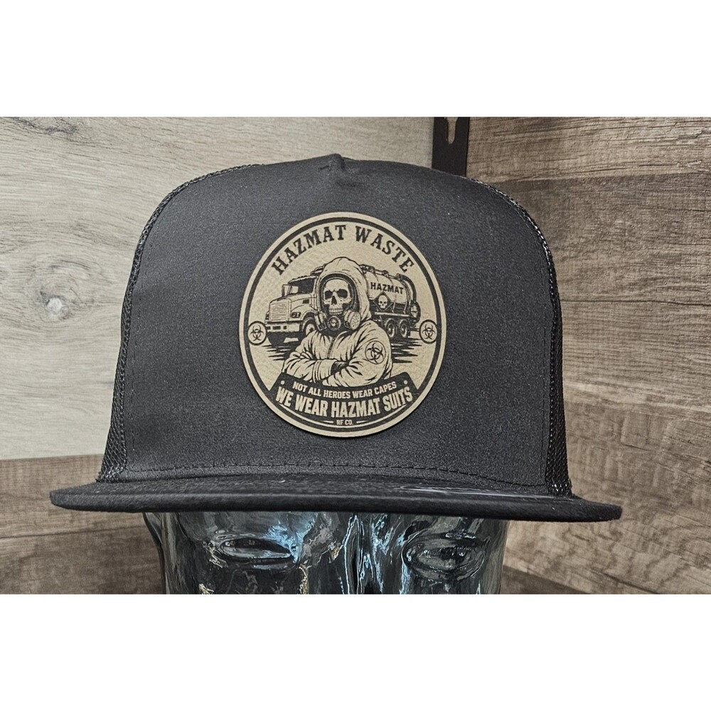 Hazmat Waste Worker Trucker Hat Skull Leather Patch Black Mesh Snapback RF Co.